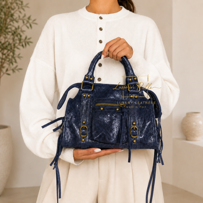 Genuine Leather Handbag with Front Zip Pocket & Stud Detail