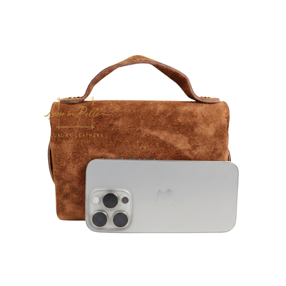 Genuine Suede Mini Top Handle Bag with Bamboo Twist Lock & Chain Strap