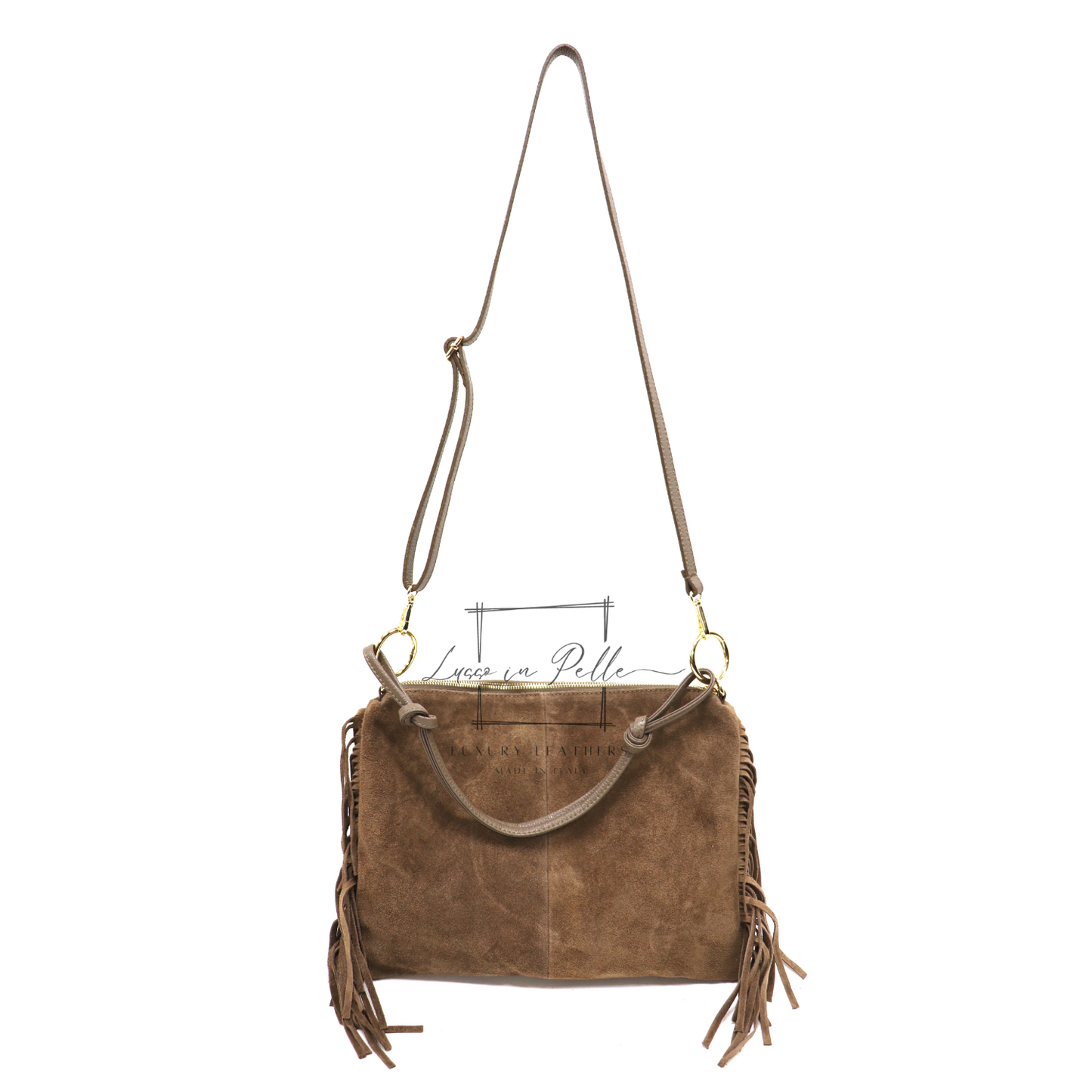 Medium Italian Suede Fringe Bag with Shoulder and Crossbody Straps: Handmade Genuine Cowhide Suede Flat Purse