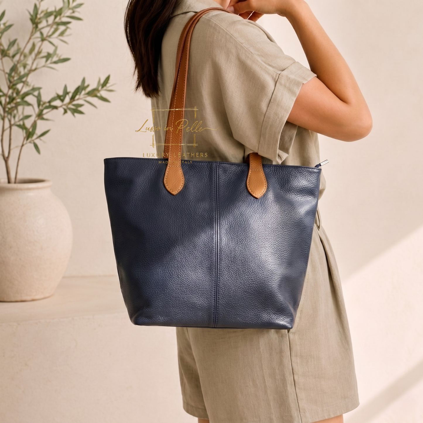 The Essential Tote (Handmade Italian Leather Shoulder Bag Tan Handle)