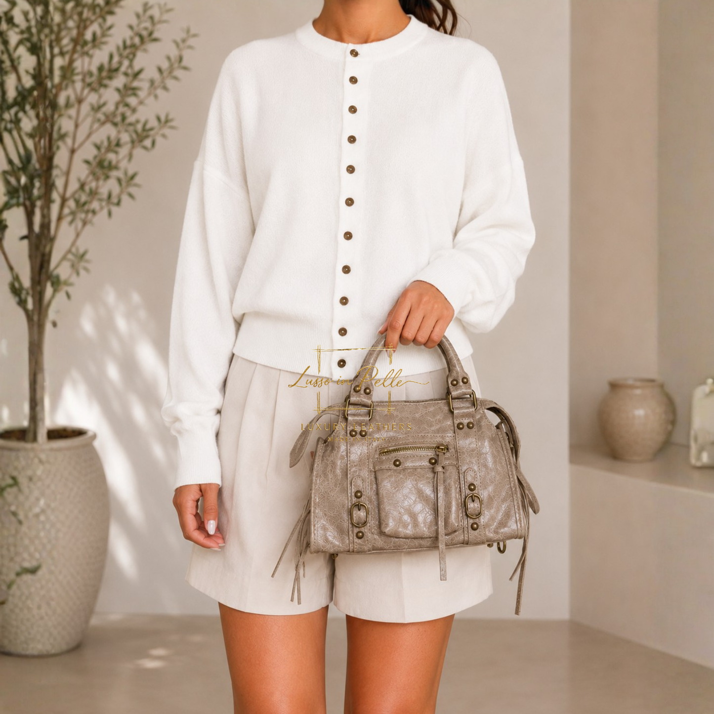 Genuine Leather Handbag with Front Zip Pocket & Stud Detail