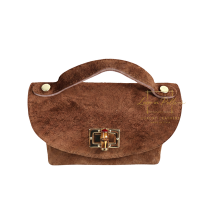 Genuine Suede Mini Top Handle Bag with Bamboo Twist Lock & Chain Strap