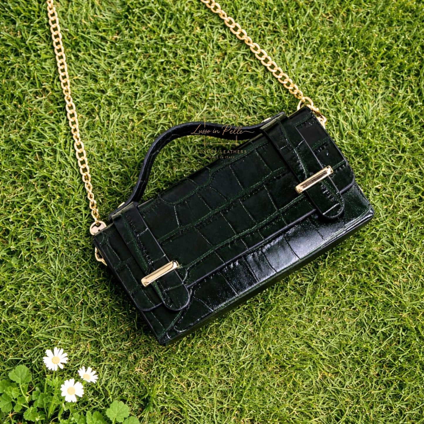 Croc-Embossed Leather Top Handle Bag with Gold Chain Strap