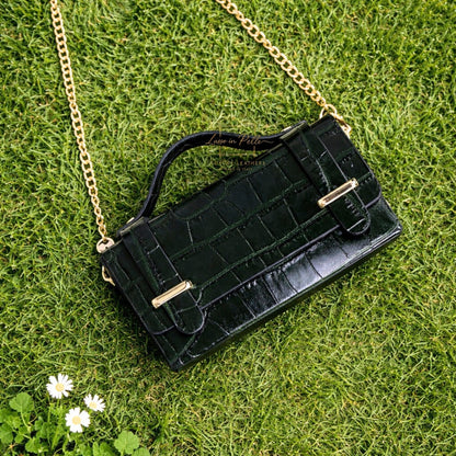 Croc-Embossed Leather Top Handle Bag with Gold Chain Strap