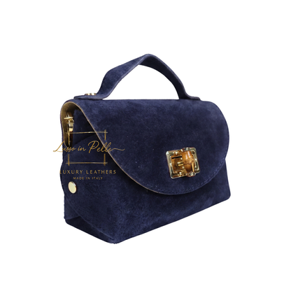 Genuine Suede Mini Top Handle Bag with Bamboo Twist Lock & Chain Strap