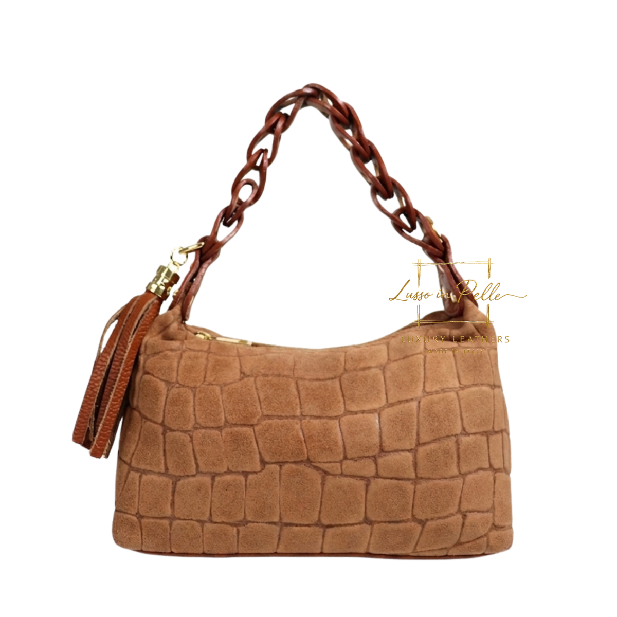 Genuine Suede Croc-Embossed Shoulder Bag with Braided Handle & Tassel Charm