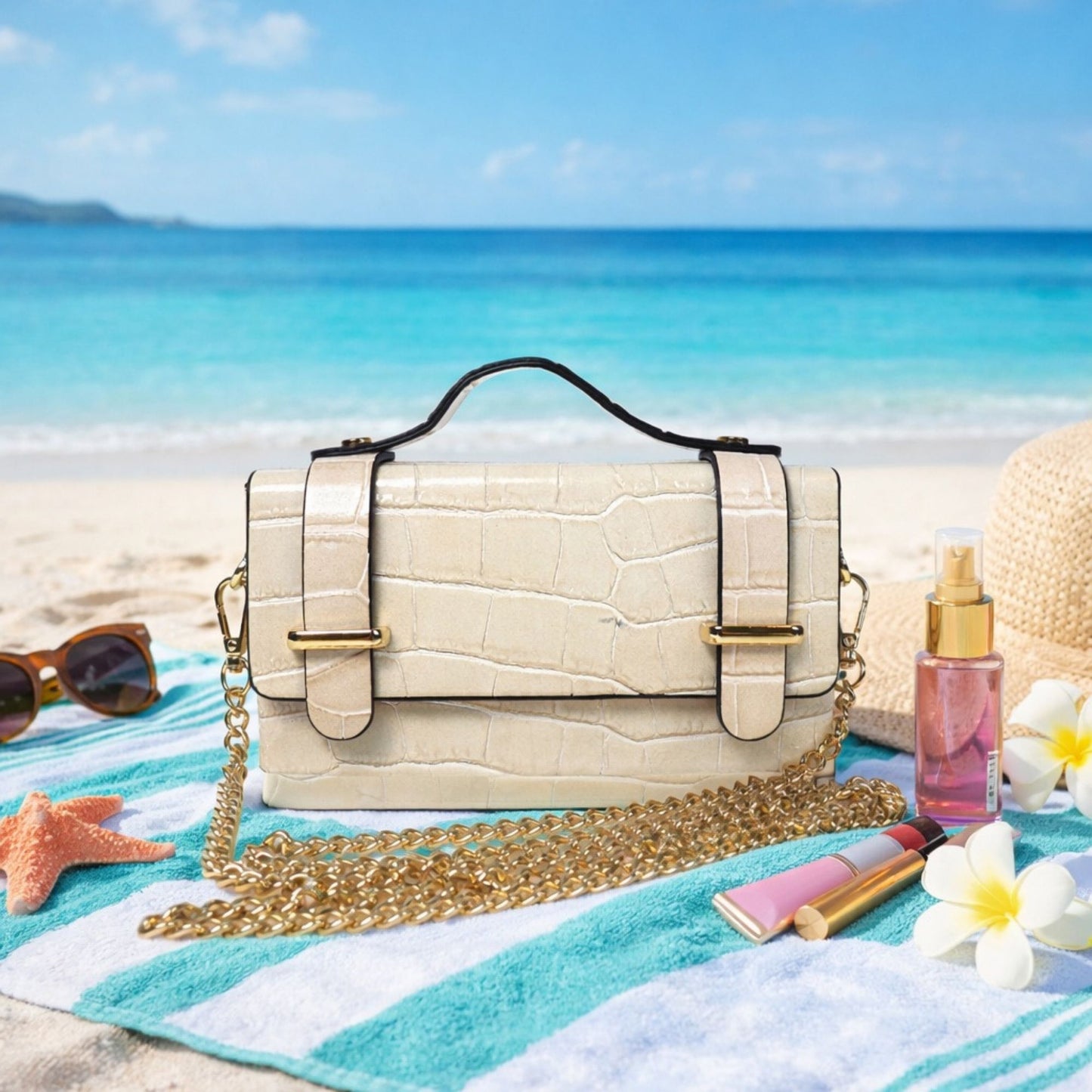 Croc-Embossed Leather Top Handle Bag with Gold Chain Strap
