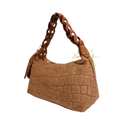 Genuine Suede Croc-Embossed Shoulder Bag with Braided Handle & Tassel Charm