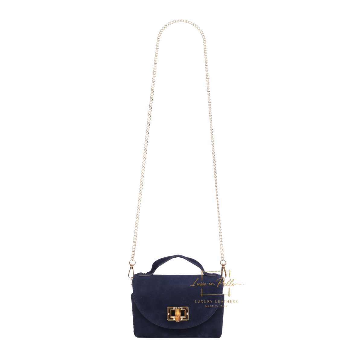 Genuine Suede Mini Top Handle Bag with Bamboo Twist Lock & Chain Strap