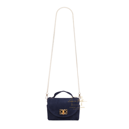 Genuine Suede Mini Top Handle Bag with Bamboo Twist Lock & Chain Strap