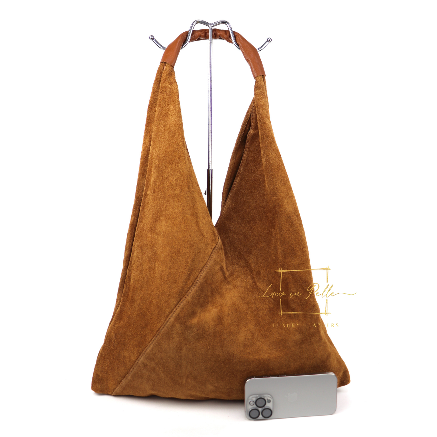 Milano Italian Suede Slouch Hobo Bag with Tan Leather Handle