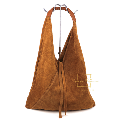 Milano Italian Suede Slouch Hobo Bag with Tan Leather Handle