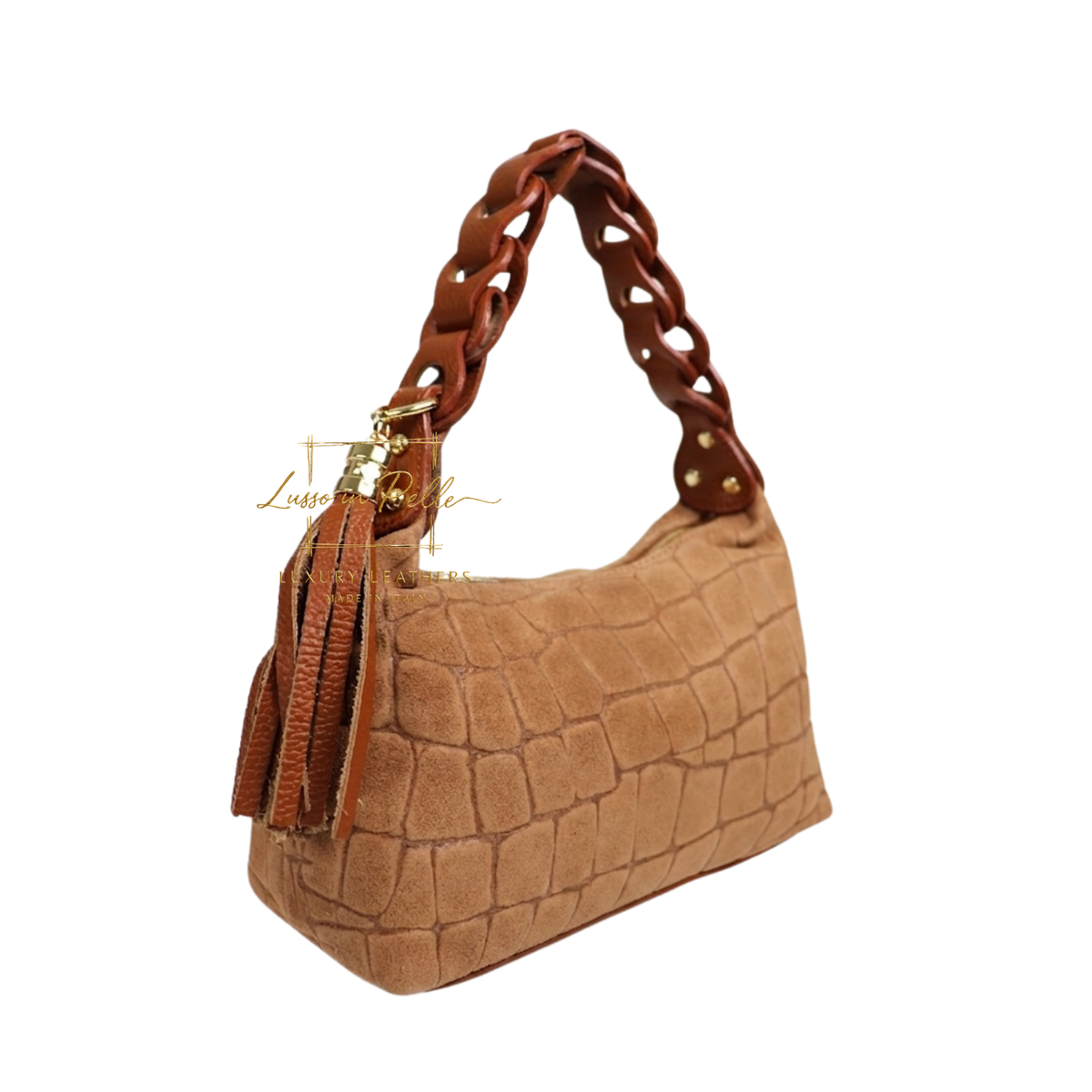 Genuine Suede Croc-Embossed Shoulder Bag with Braided Handle & Tassel Charm