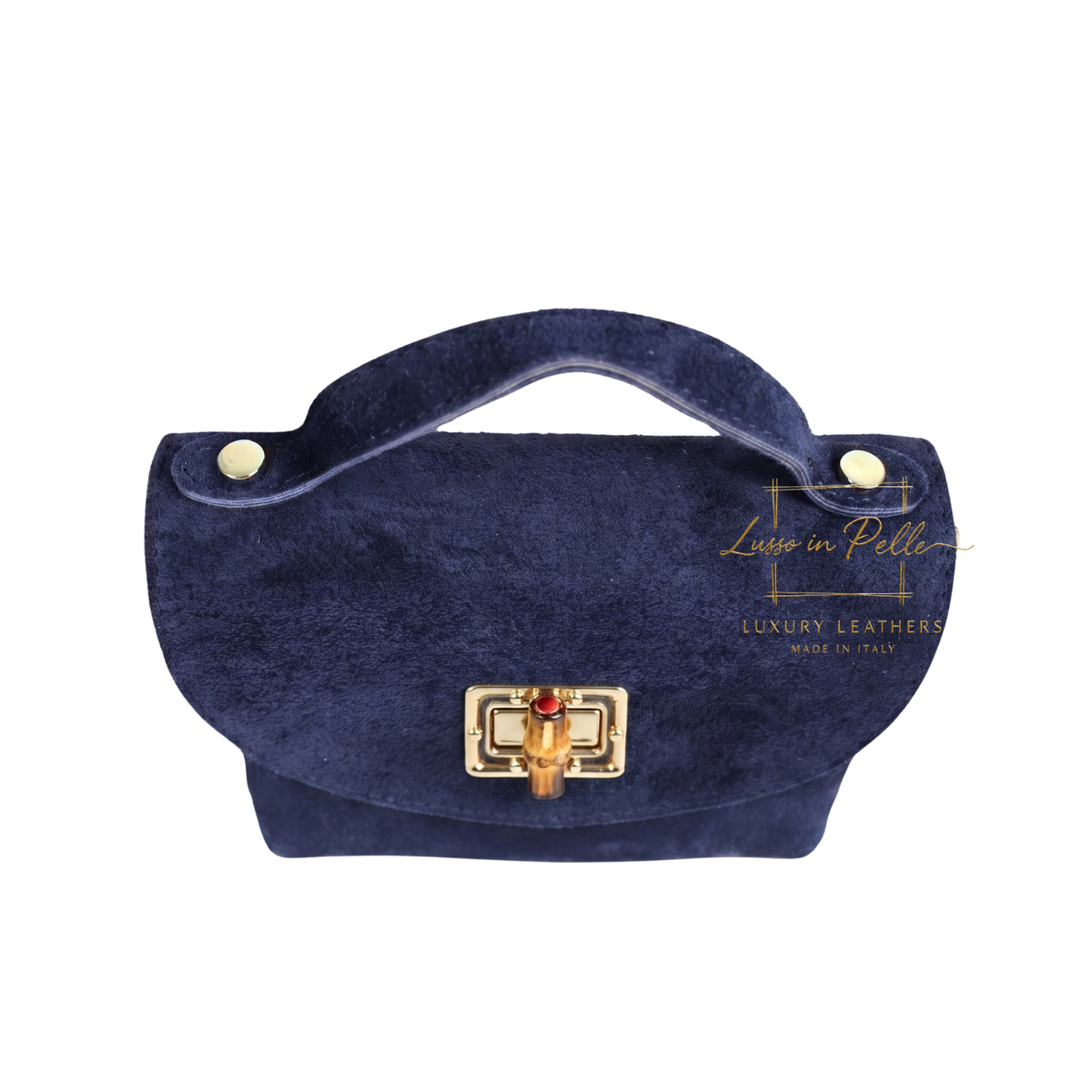 Genuine Suede Mini Top Handle Bag with Bamboo Twist Lock & Chain Strap