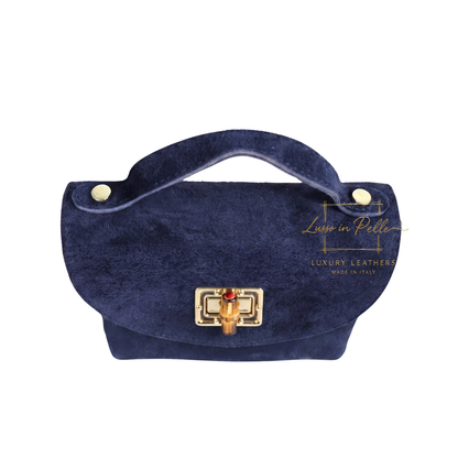 Genuine Suede Mini Top Handle Bag with Bamboo Twist Lock & Chain Strap