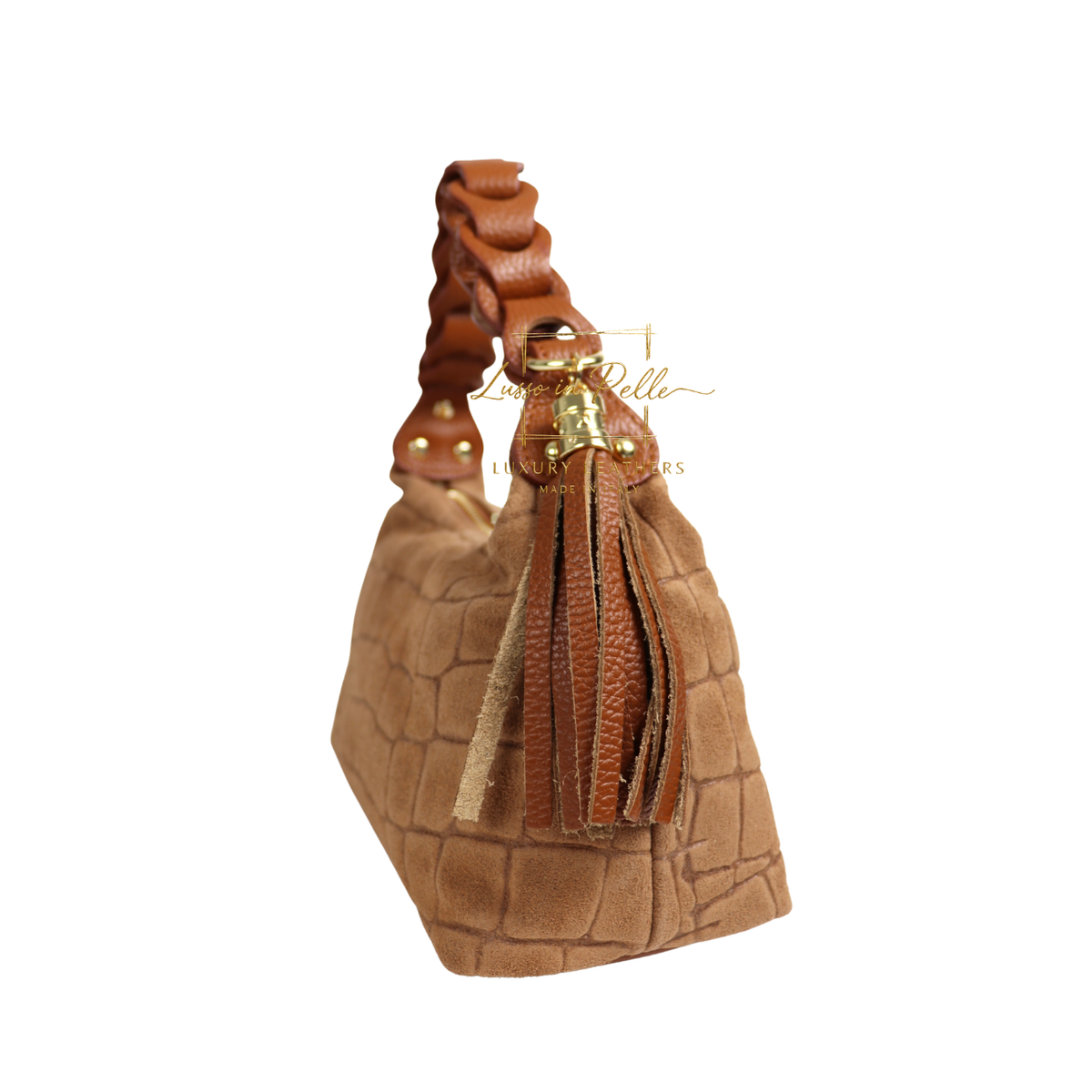 Genuine Suede Croc-Embossed Shoulder Bag with Braided Handle & Tassel Charm