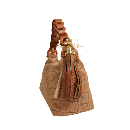 Genuine Suede Croc-Embossed Shoulder Bag with Braided Handle & Tassel Charm
