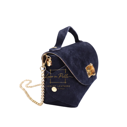 Genuine Suede Mini Top Handle Bag with Bamboo Twist Lock & Chain Strap
