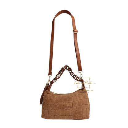 Genuine Suede Croc-Embossed Shoulder Bag with Braided Handle & Tassel Charm