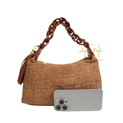 Genuine Suede Croc-Embossed Shoulder Bag with Braided Handle & Tassel Charm