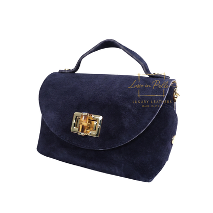 Genuine Suede Mini Top Handle Bag with Bamboo Twist Lock & Chain Strap
