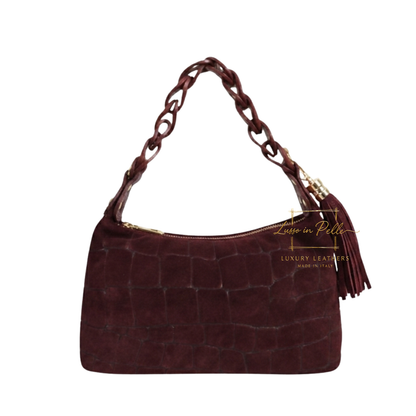 Genuine Suede Croc-Embossed Shoulder Bag with Braided Handle & Tassel Charm