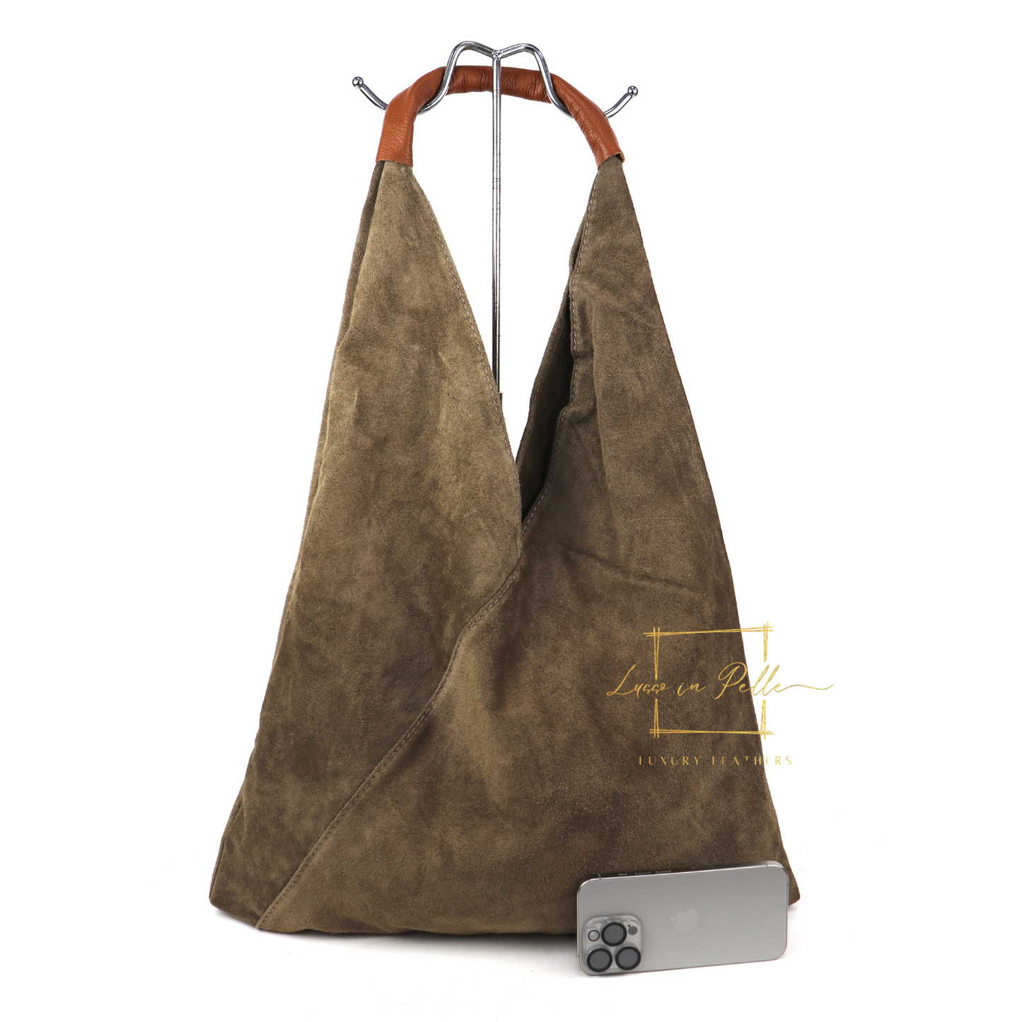 Milano Italian Suede Slouch Hobo Bag with Tan Leather Handle