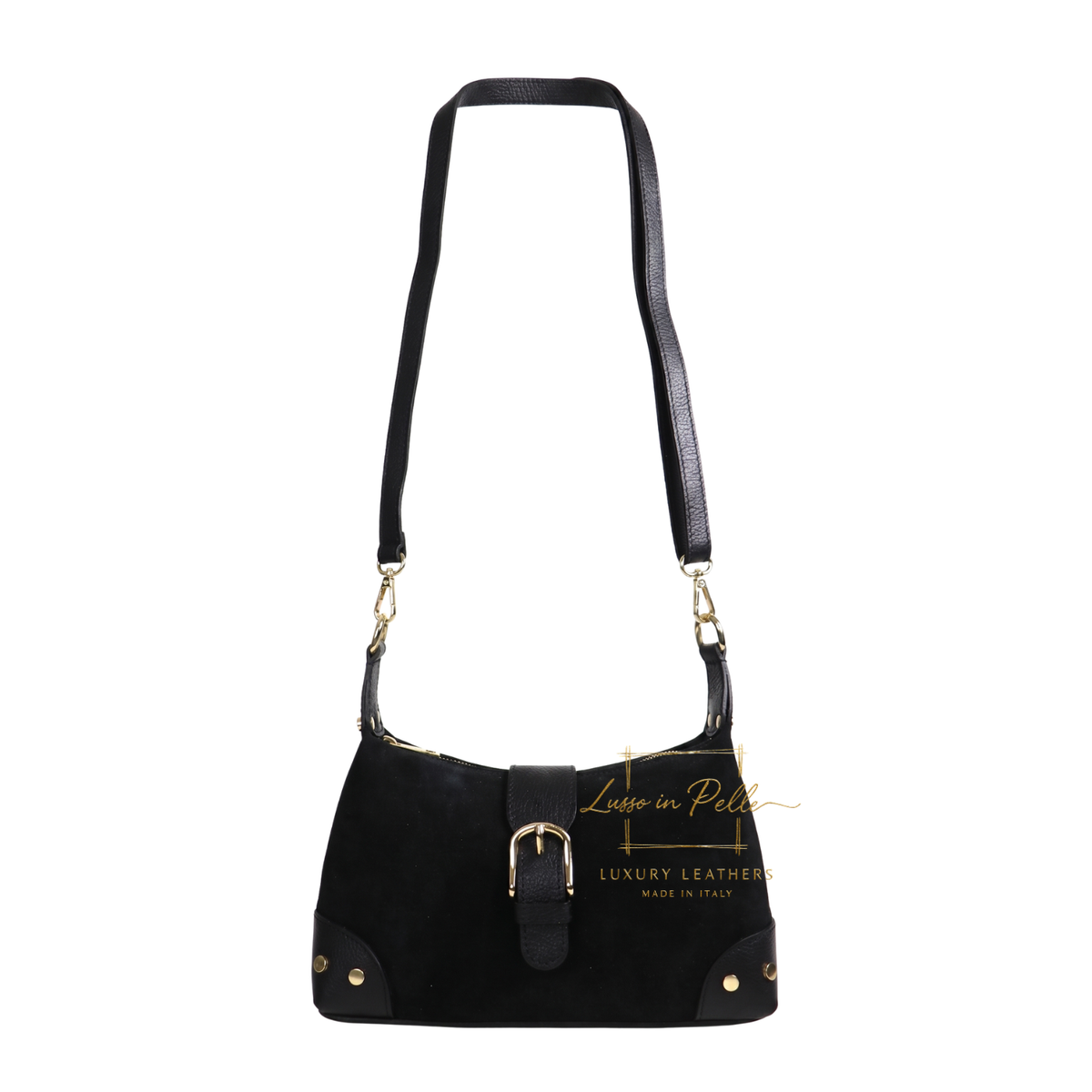Genuine Suede & Leather Shoulder Bag with Buckle Detail