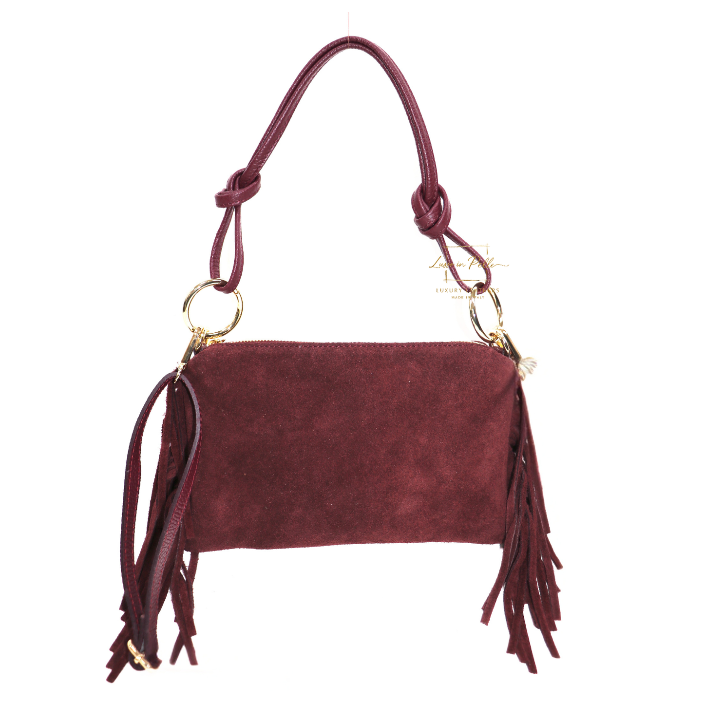 Small Italian Suede Fringe Bag with Shoulder and Crossbody Straps: Handmade Genuine Cowhide Suede Flat Purse