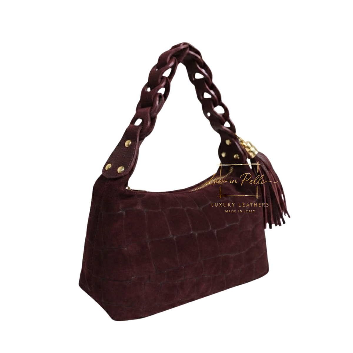 Genuine Suede Croc-Embossed Shoulder Bag with Braided Handle & Tassel Charm