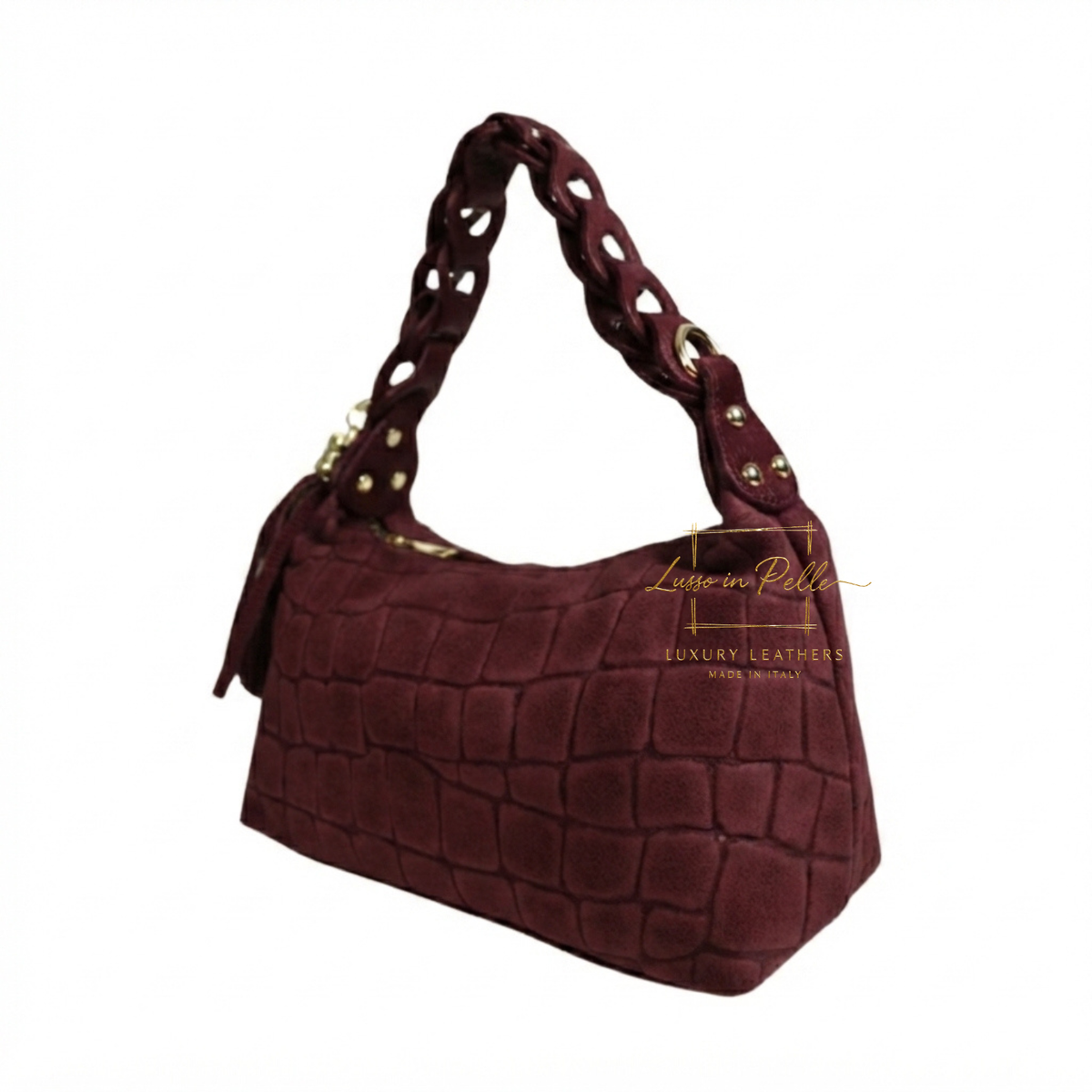 Genuine Suede Croc-Embossed Shoulder Bag with Braided Handle & Tassel Charm