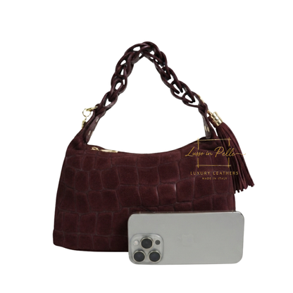 Genuine Suede Croc-Embossed Shoulder Bag with Braided Handle & Tassel Charm
