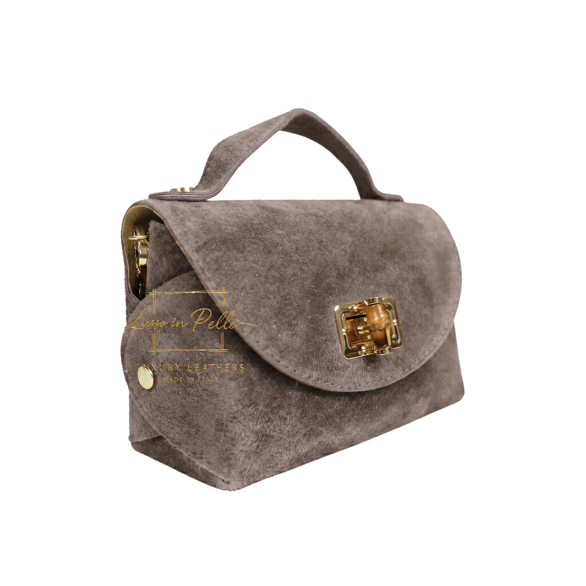 Genuine Suede Mini Top Handle Bag with Bamboo Twist Lock & Chain Strap