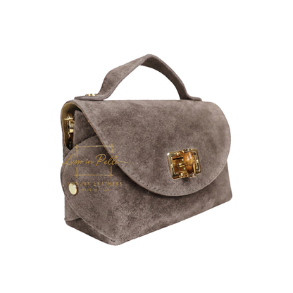 Genuine Suede Mini Top Handle Bag with Bamboo Twist Lock & Chain Strap