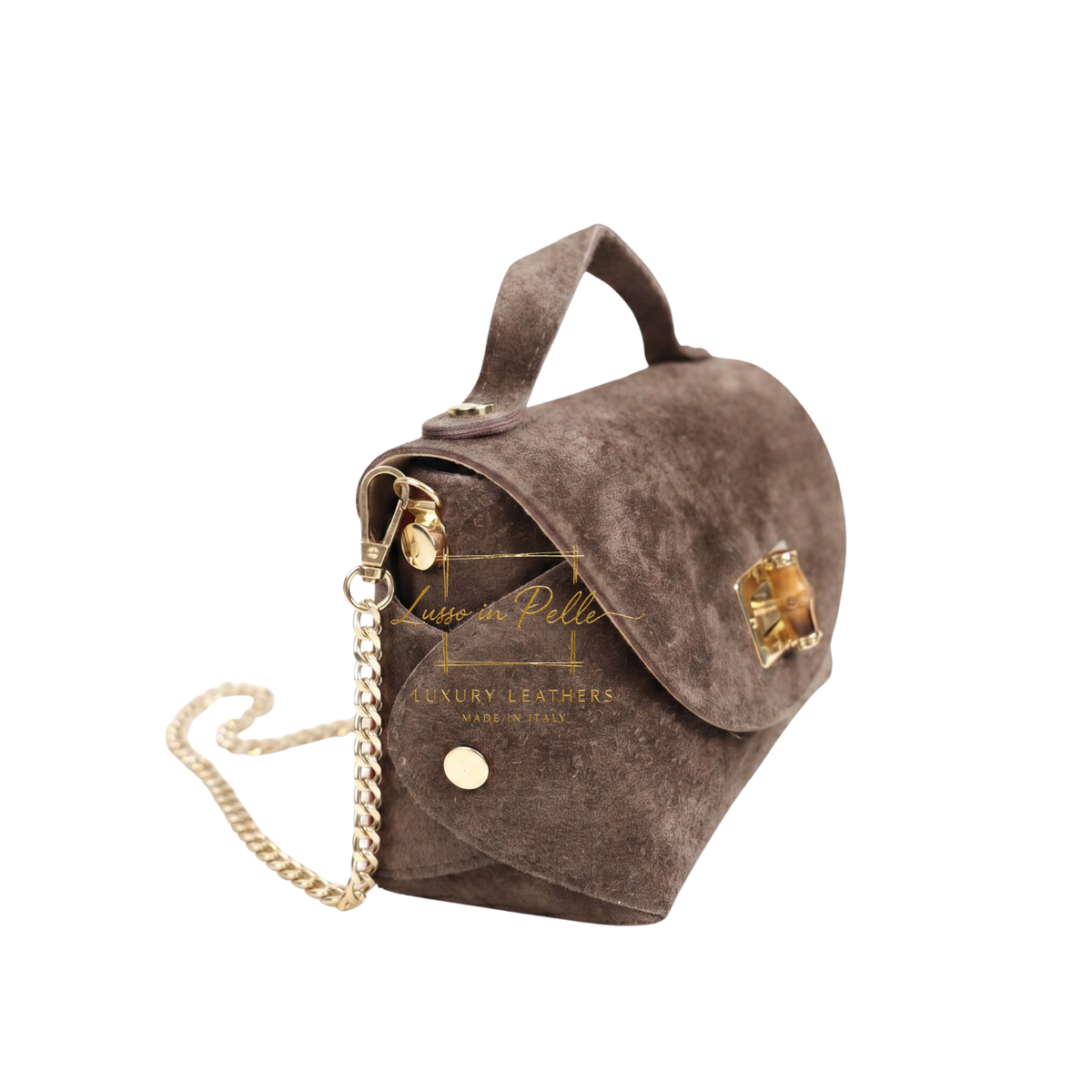 Genuine Suede Mini Top Handle Bag with Bamboo Twist Lock & Chain Strap