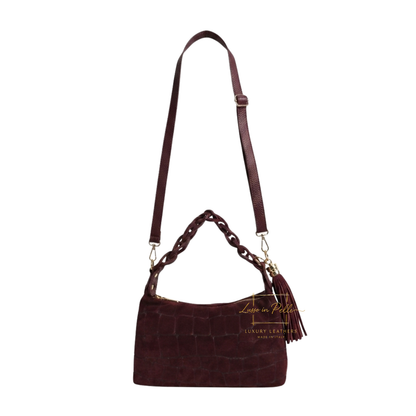 Genuine Suede Croc-Embossed Shoulder Bag with Braided Handle & Tassel Charm