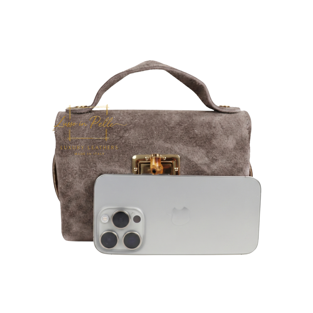 Genuine Suede Mini Top Handle Bag with Bamboo Twist Lock & Chain Strap