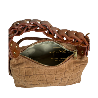 Genuine Suede Croc-Embossed Shoulder Bag with Braided Handle & Tassel Charm