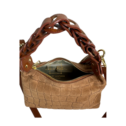 Genuine Suede Croc-Embossed Shoulder Bag with Braided Handle & Tassel Charm