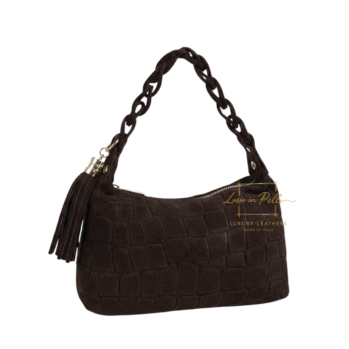 Genuine Suede Croc-Embossed Shoulder Bag with Braided Handle & Tassel Charm