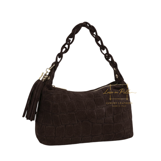 Genuine Suede Croc-Embossed Shoulder Bag with Braided Handle & Tassel Charm