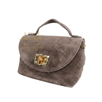 Genuine Suede Mini Top Handle Bag with Bamboo Twist Lock & Chain Strap