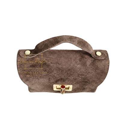 Genuine Suede Mini Top Handle Bag with Bamboo Twist Lock & Chain Strap