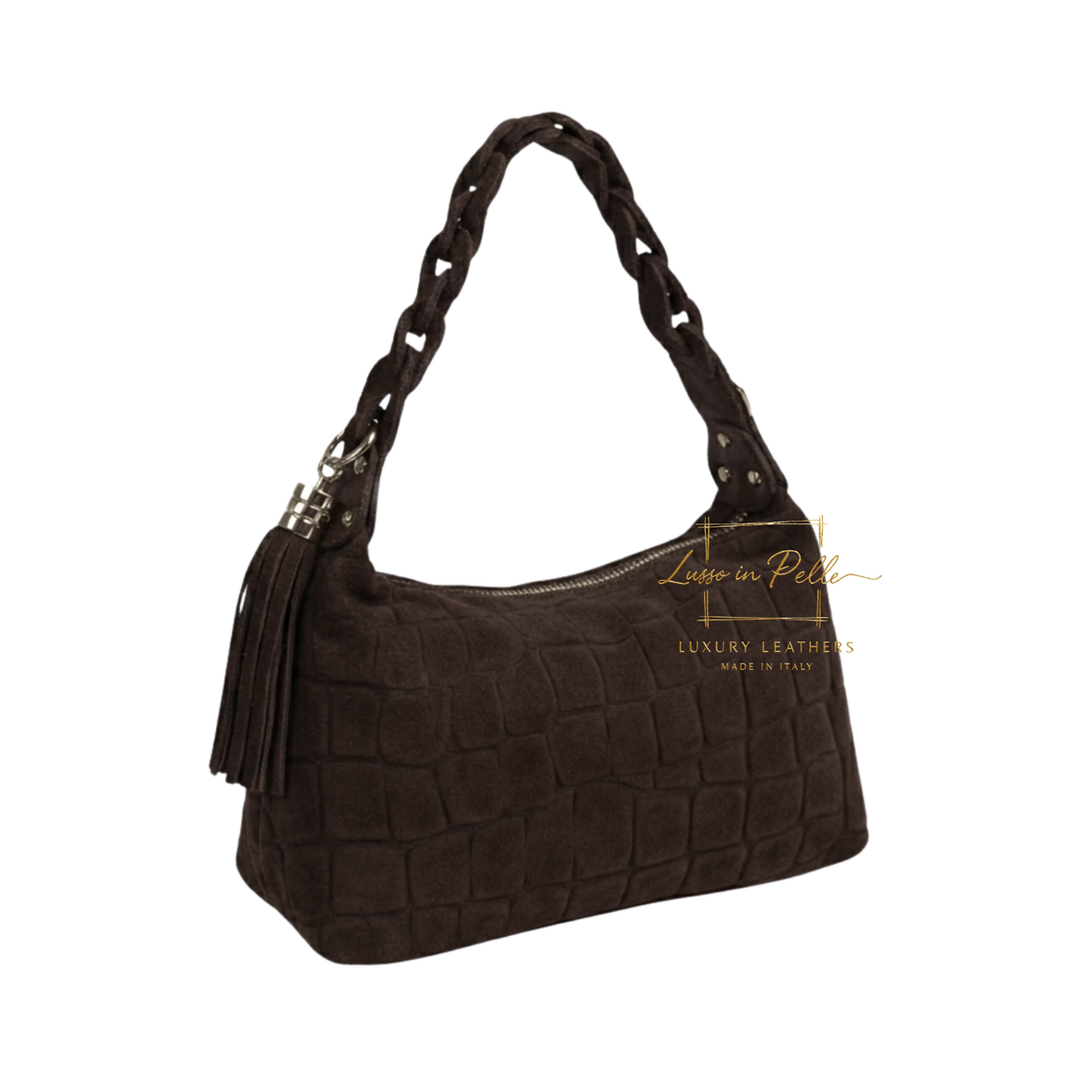 Genuine Suede Croc-Embossed Shoulder Bag with Braided Handle & Tassel Charm