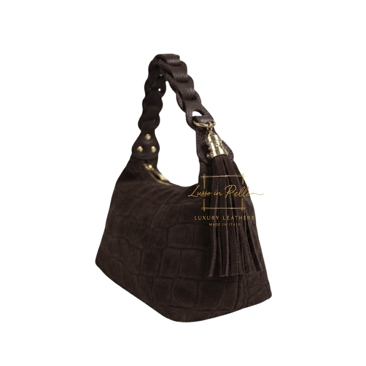 Genuine Suede Croc-Embossed Shoulder Bag with Braided Handle & Tassel Charm