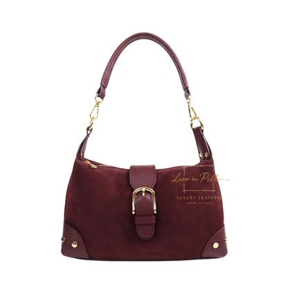 Genuine Suede & Leather Shoulder Bag with Buckle Detail