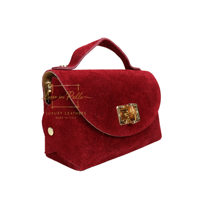 Genuine Suede Mini Top Handle Bag with Bamboo Twist Lock & Chain Strap
