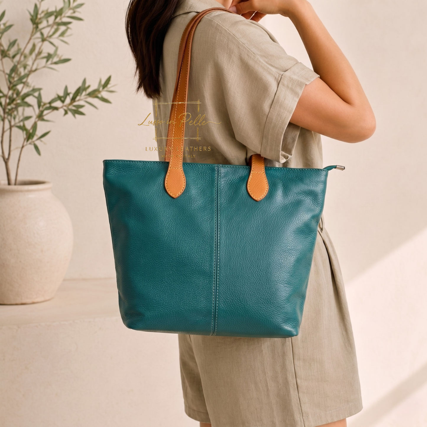 The Essential Tote (Handmade Italian Leather Shoulder Bag Tan Handle)