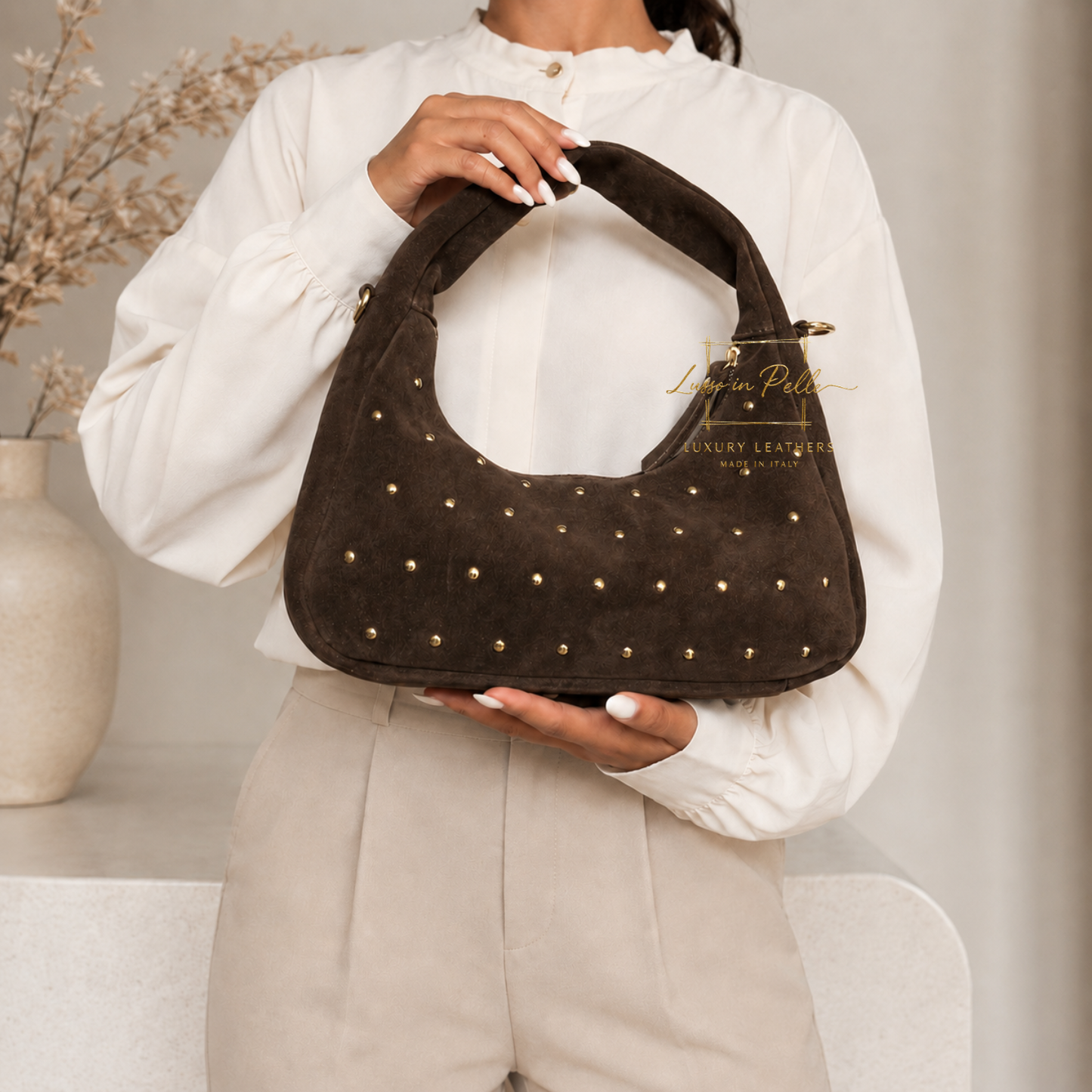 Soft Genuine Suede Shoulder Bag with Gold Stud Detail