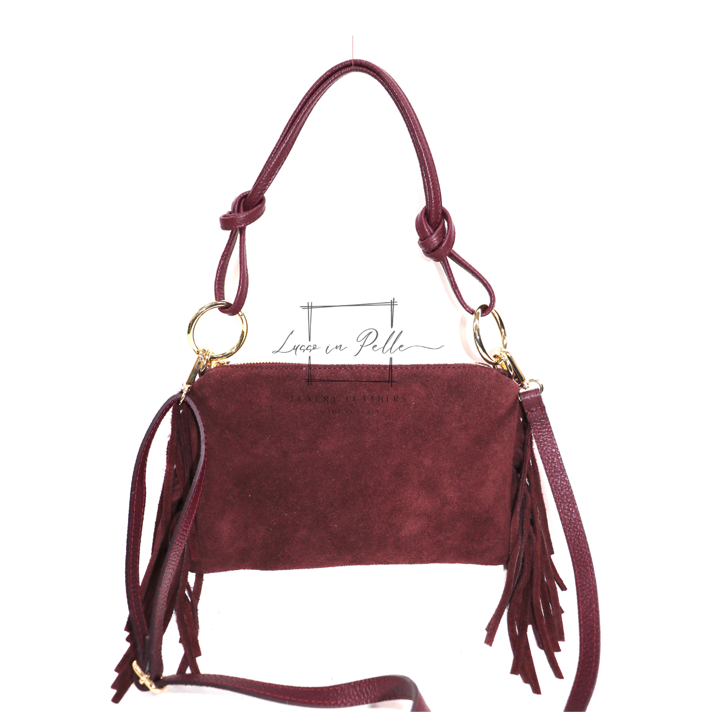Small Italian Suede Fringe Bag with Shoulder and Crossbody Straps: Handmade Genuine Cowhide Suede Flat Purse